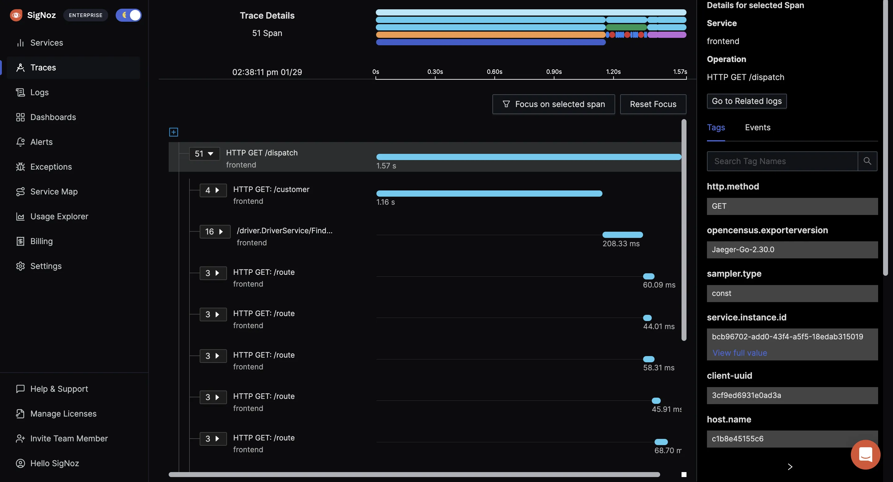 Flamegraphs used to visualize spans of distributed tracing in SigNoz UI